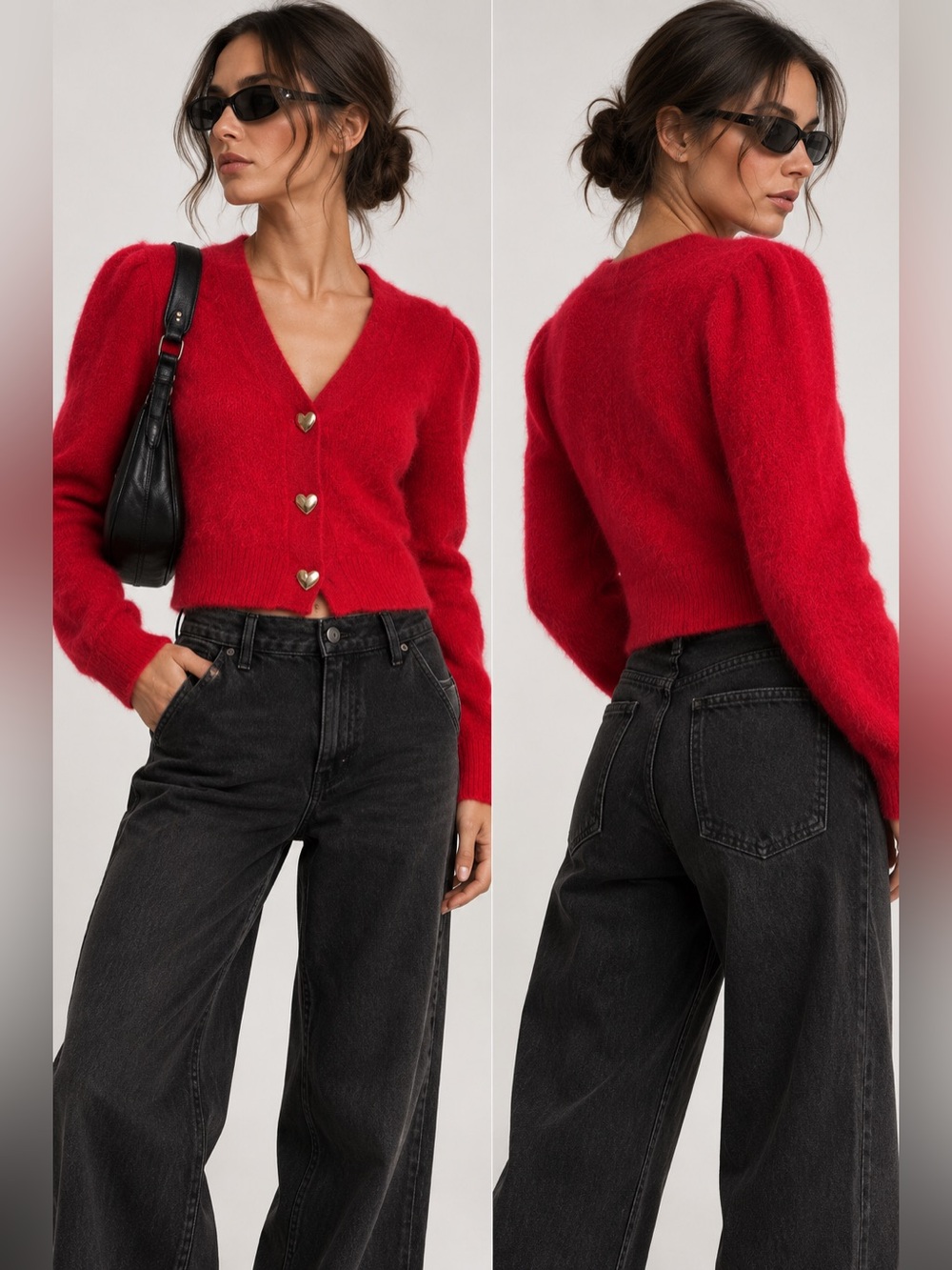 & Other Stories Red Alpaca Wool Cardigan Gold Heart Buttons Puff Sleeve Size S